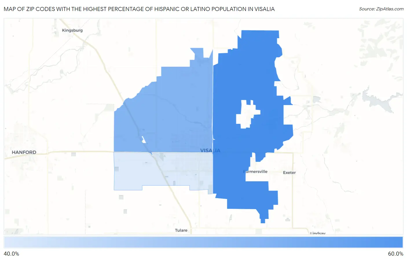 Zip Codes with the Highest Percentage of Hispanic or Latino Population in Visalia Map