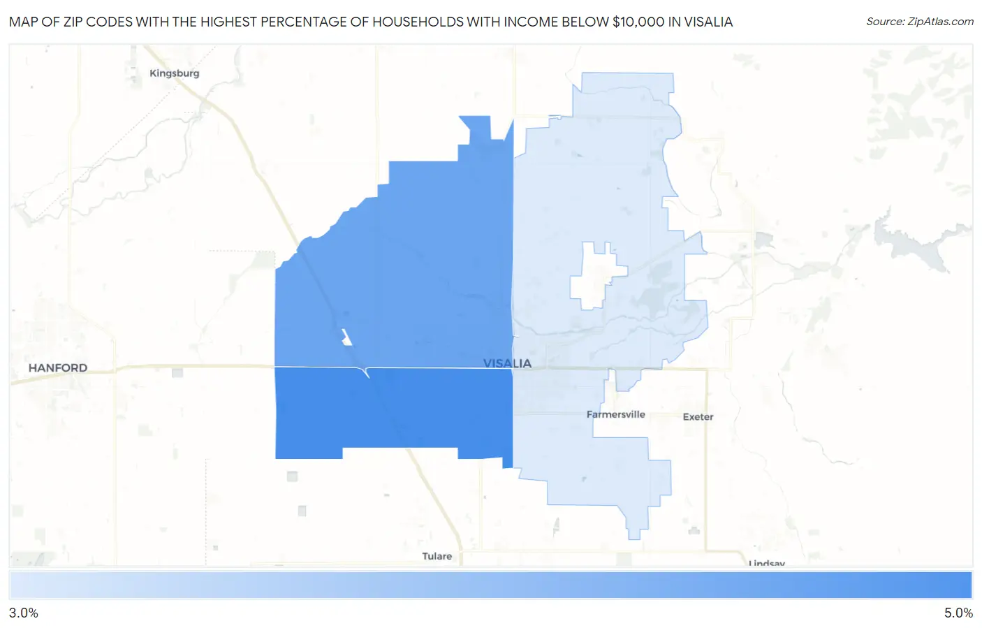 Zip Codes with the Highest Percentage of Households with Income Below $10,000 in Visalia Map