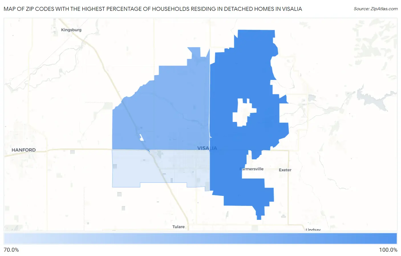 Zip Codes with the Highest Percentage of Households Residing in Detached Homes in Visalia Map