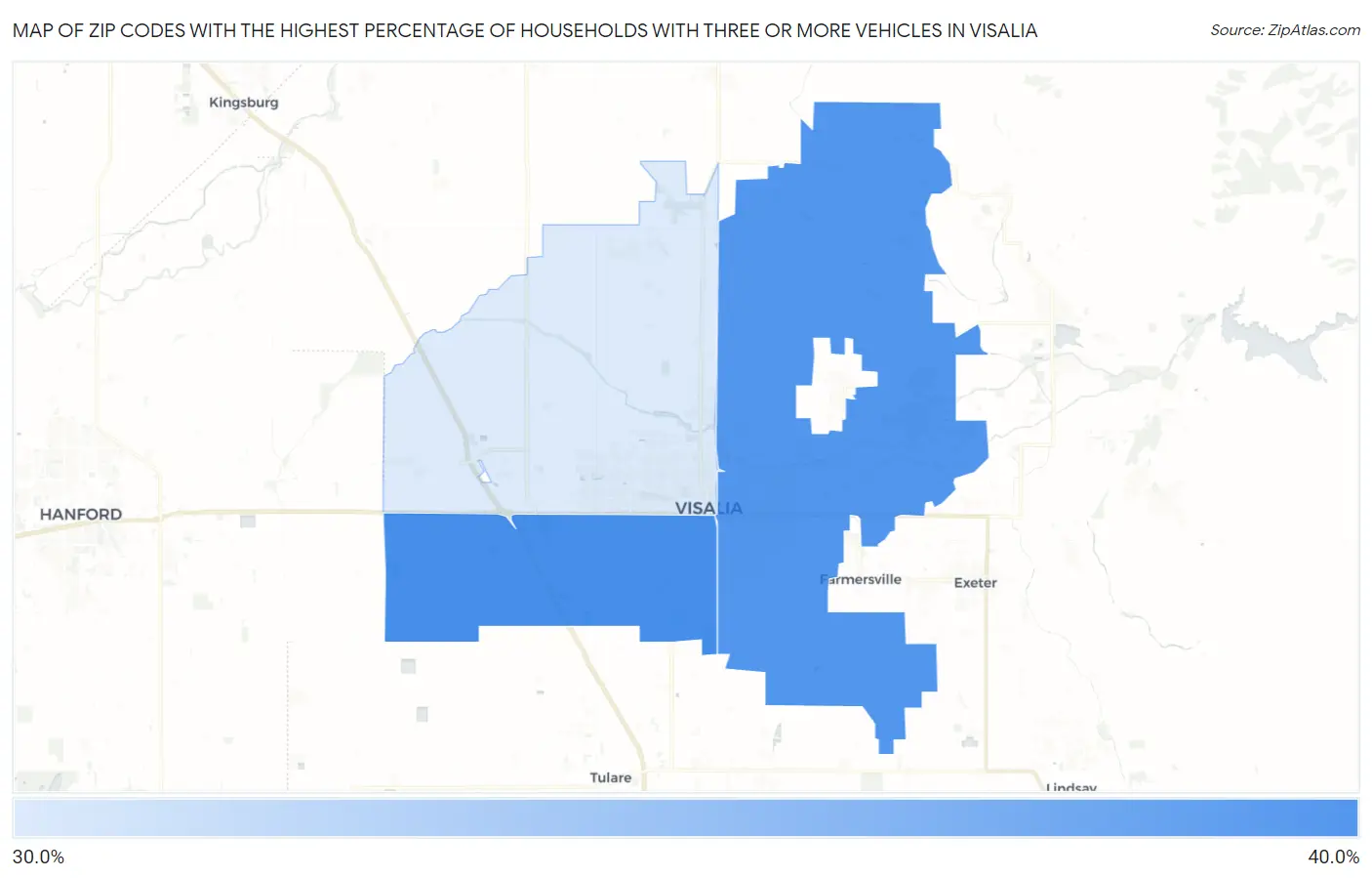 Zip Codes with the Highest Percentage of Households With Three or more Vehicles in Visalia Map