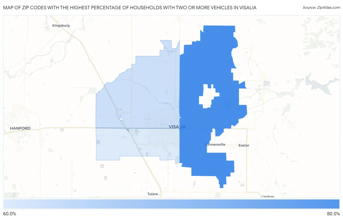 Zip Codes with the Highest Percentage of Households With Two or more Vehicles in Visalia Map