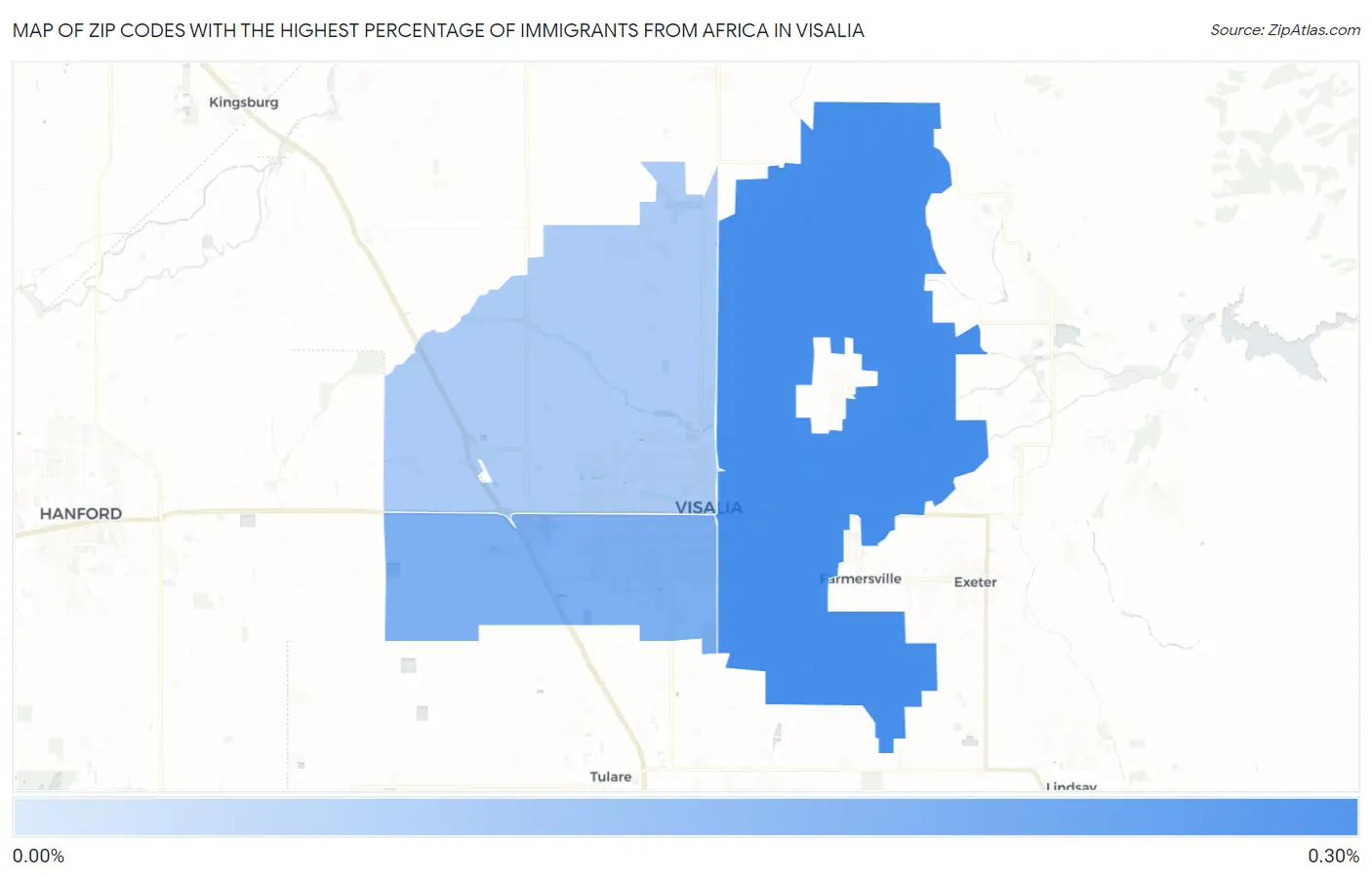 Zip Codes with the Highest Percentage of Immigrants from Africa in Visalia Map