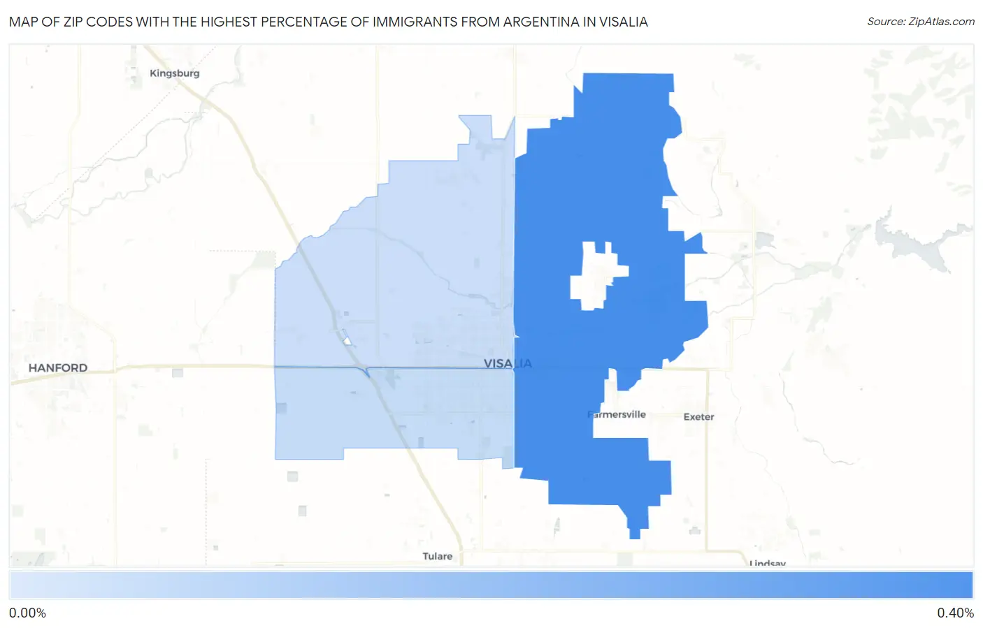 Zip Codes with the Highest Percentage of Immigrants from Argentina in Visalia Map