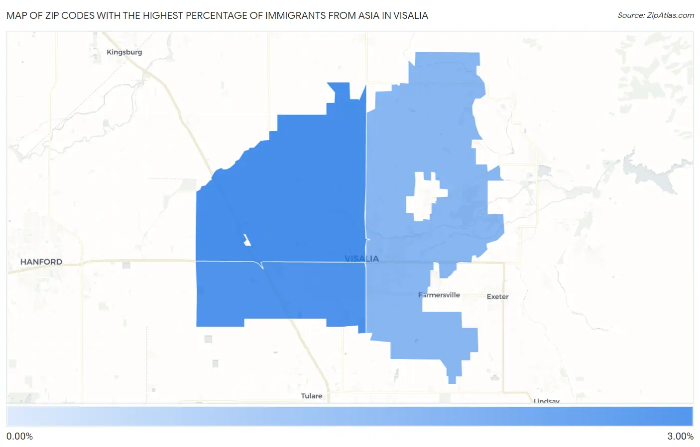 Zip Codes with the Highest Percentage of Immigrants from Asia in Visalia Map