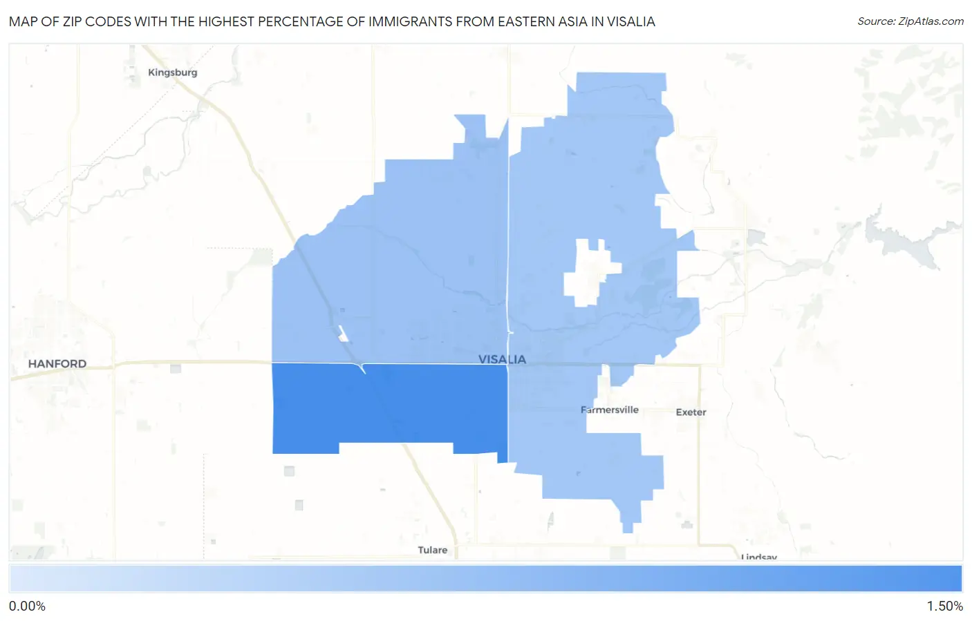 Zip Codes with the Highest Percentage of Immigrants from Eastern Asia in Visalia Map