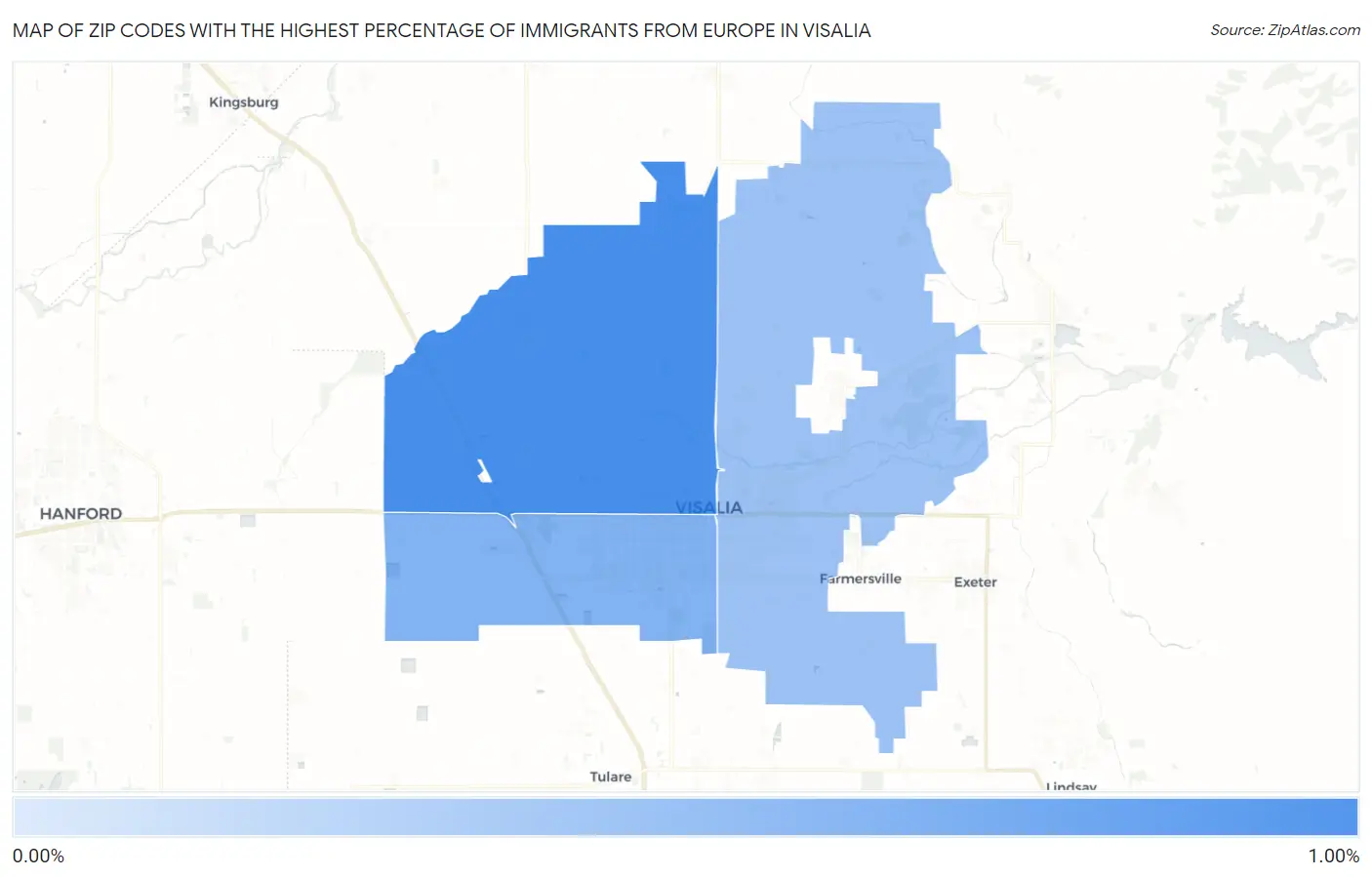 Zip Codes with the Highest Percentage of Immigrants from Europe in Visalia Map