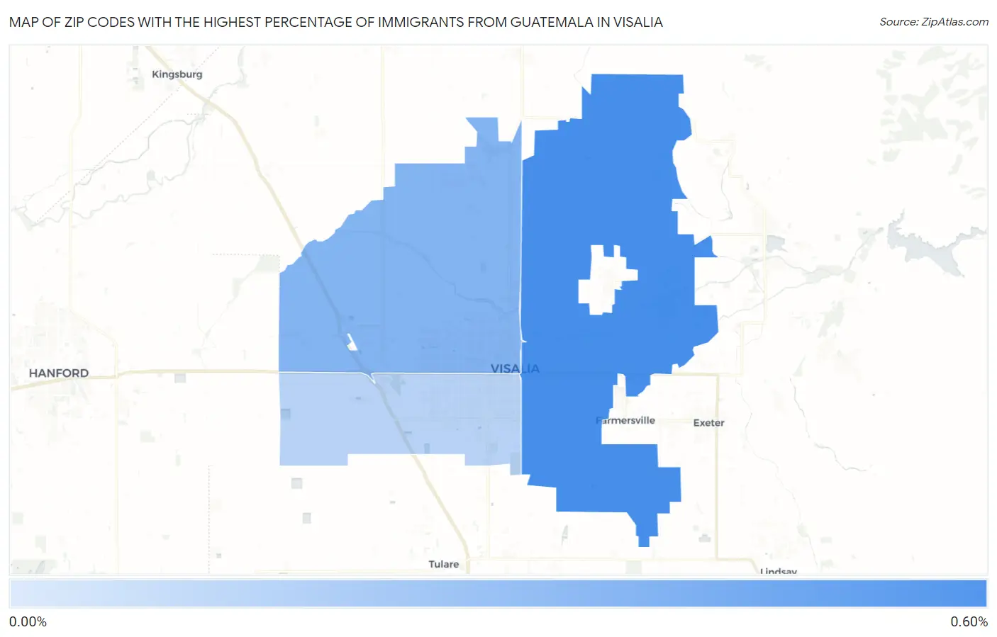 Zip Codes with the Highest Percentage of Immigrants from Guatemala in Visalia Map