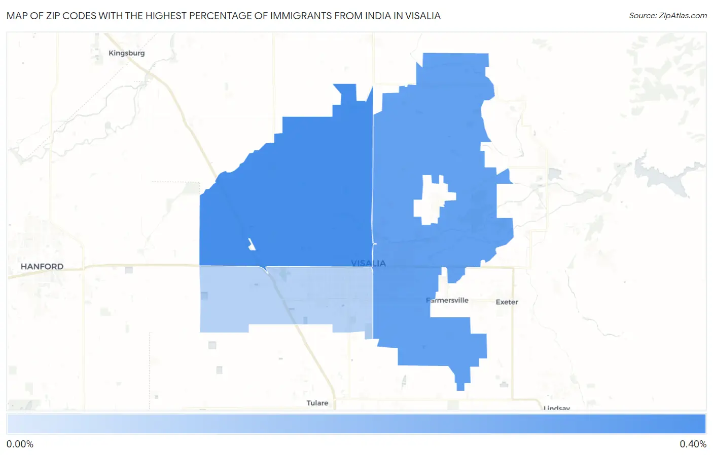 Zip Codes with the Highest Percentage of Immigrants from India in Visalia Map