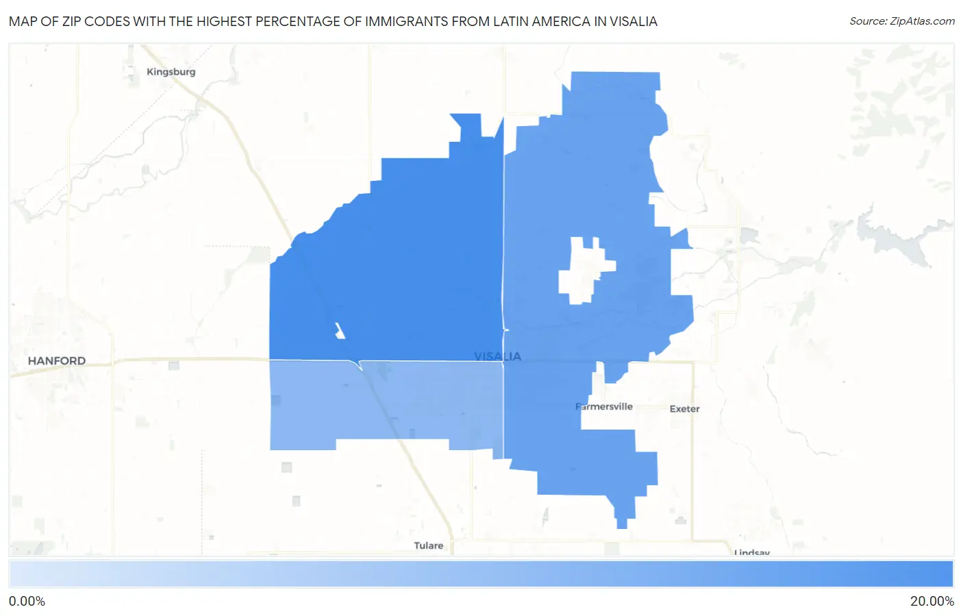 Zip Codes with the Highest Percentage of Immigrants from Latin America in Visalia Map