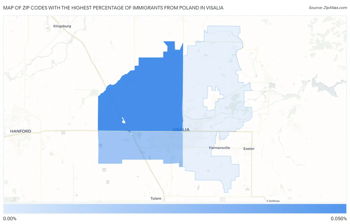 Zip Codes with the Highest Percentage of Immigrants from Poland in Visalia Map