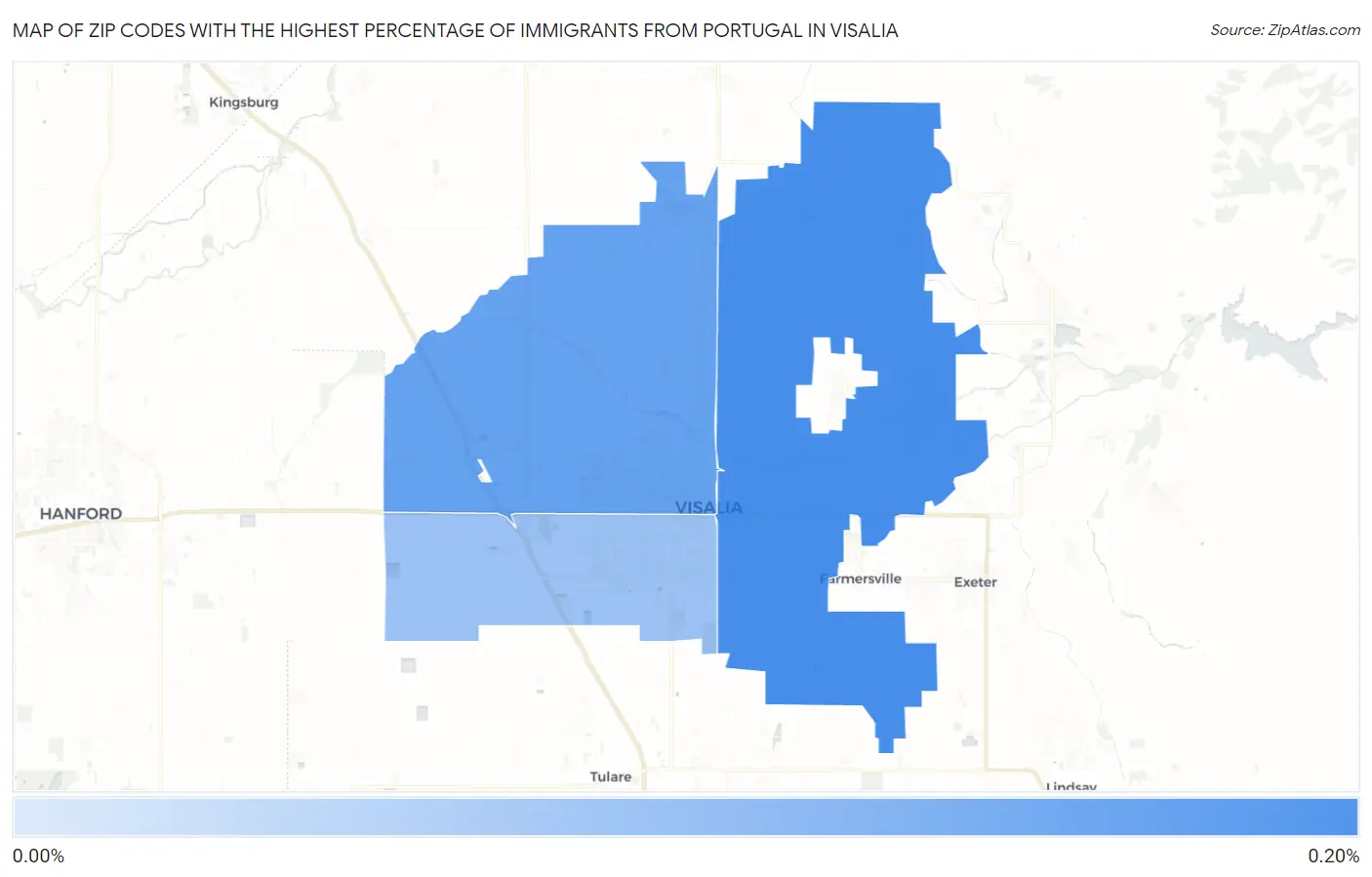Zip Codes with the Highest Percentage of Immigrants from Portugal in Visalia Map