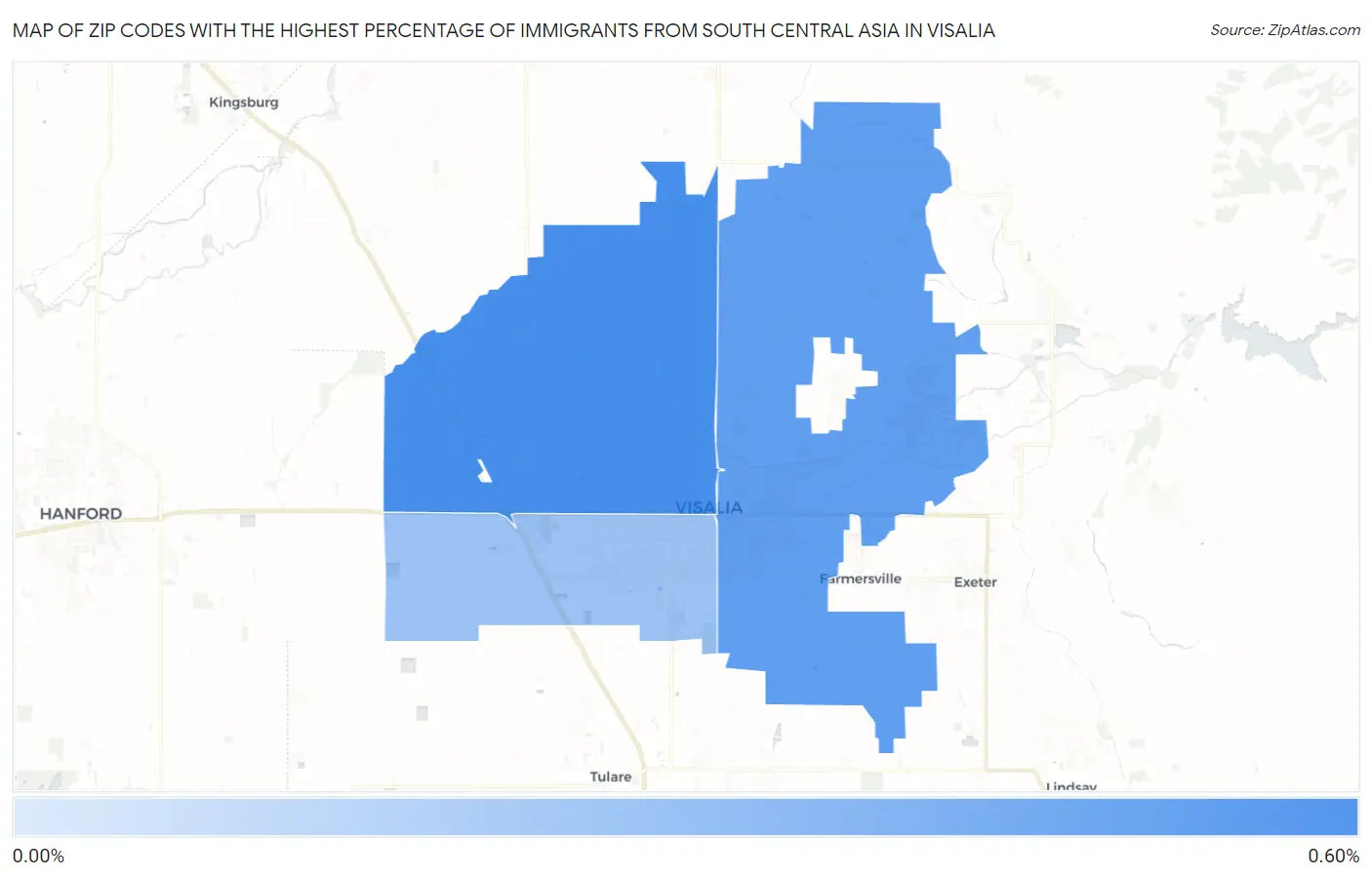 Zip Codes with the Highest Percentage of Immigrants from South Central Asia in Visalia Map