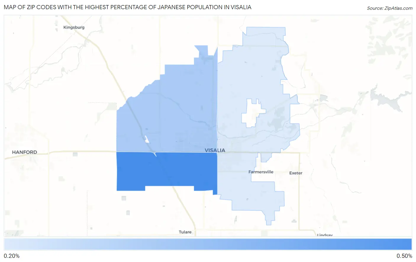 Zip Codes with the Highest Percentage of Japanese Population in Visalia Map