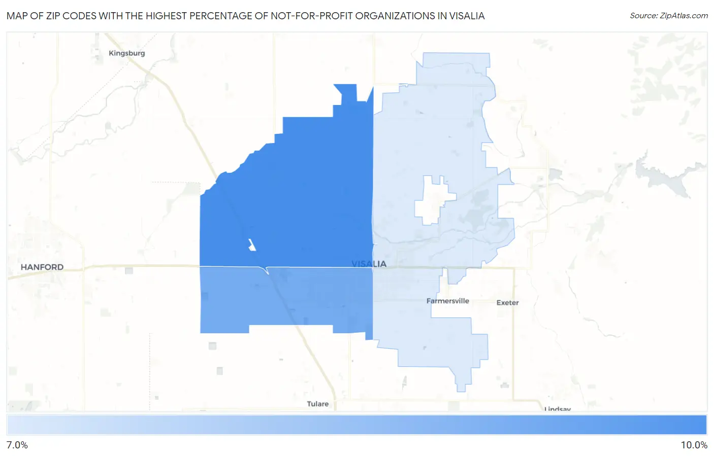 Zip Codes with the Highest Percentage of Not-for-profit Organizations in Visalia Map