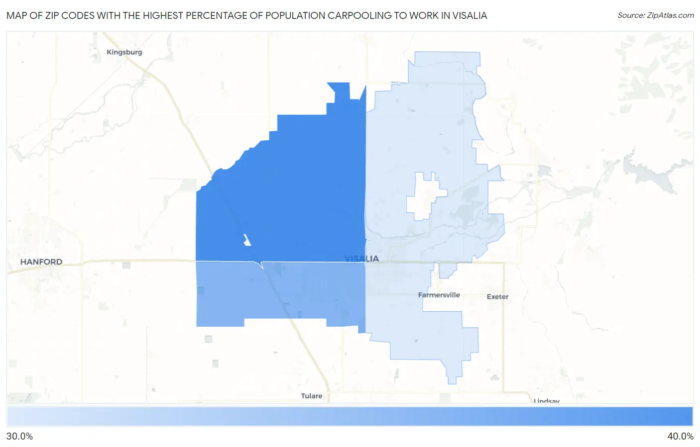 Zip Codes with the Highest Percentage of Population Carpooling to Work in Visalia Map