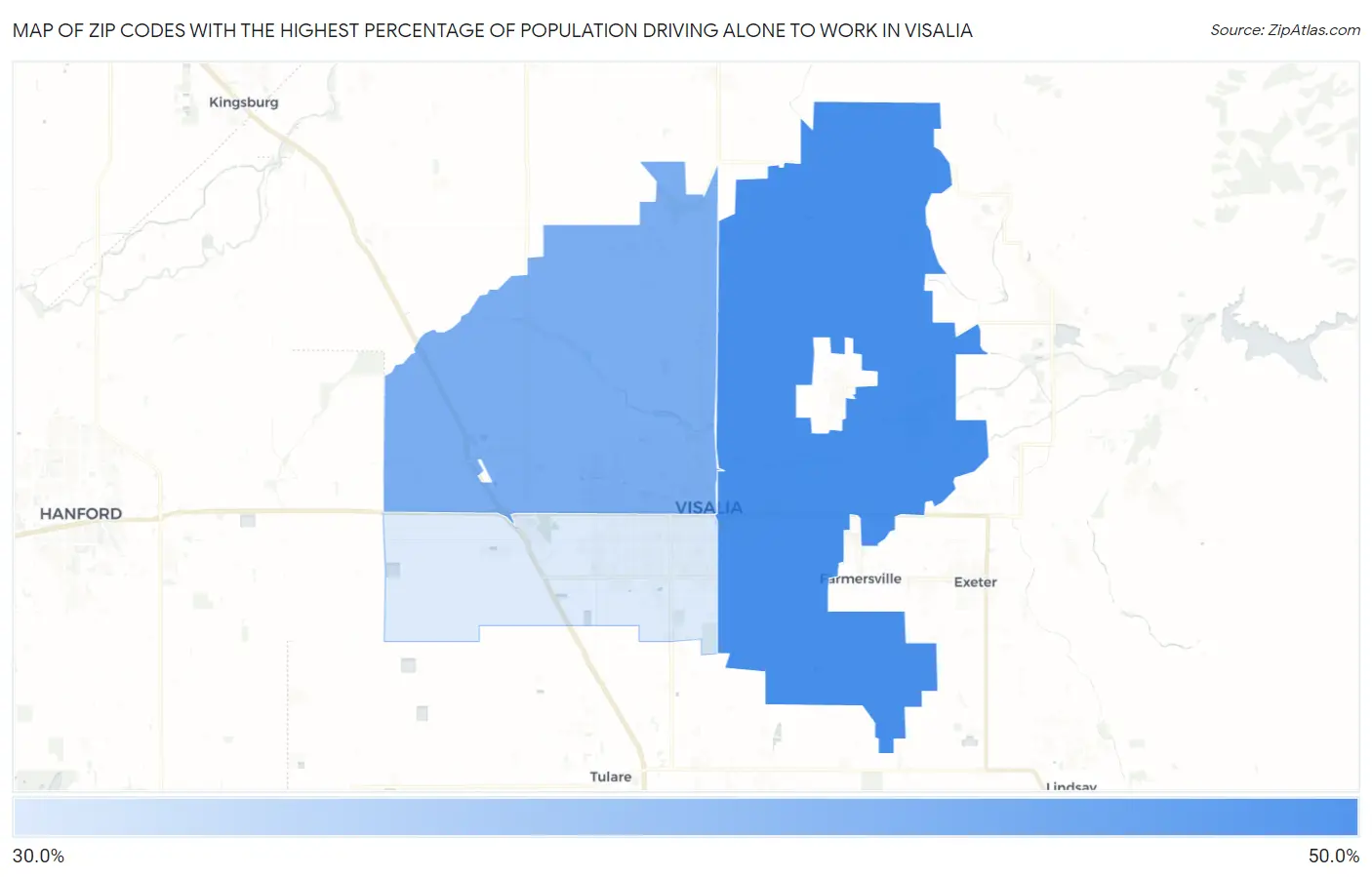 Zip Codes with the Highest Percentage of Population Driving Alone to Work in Visalia Map