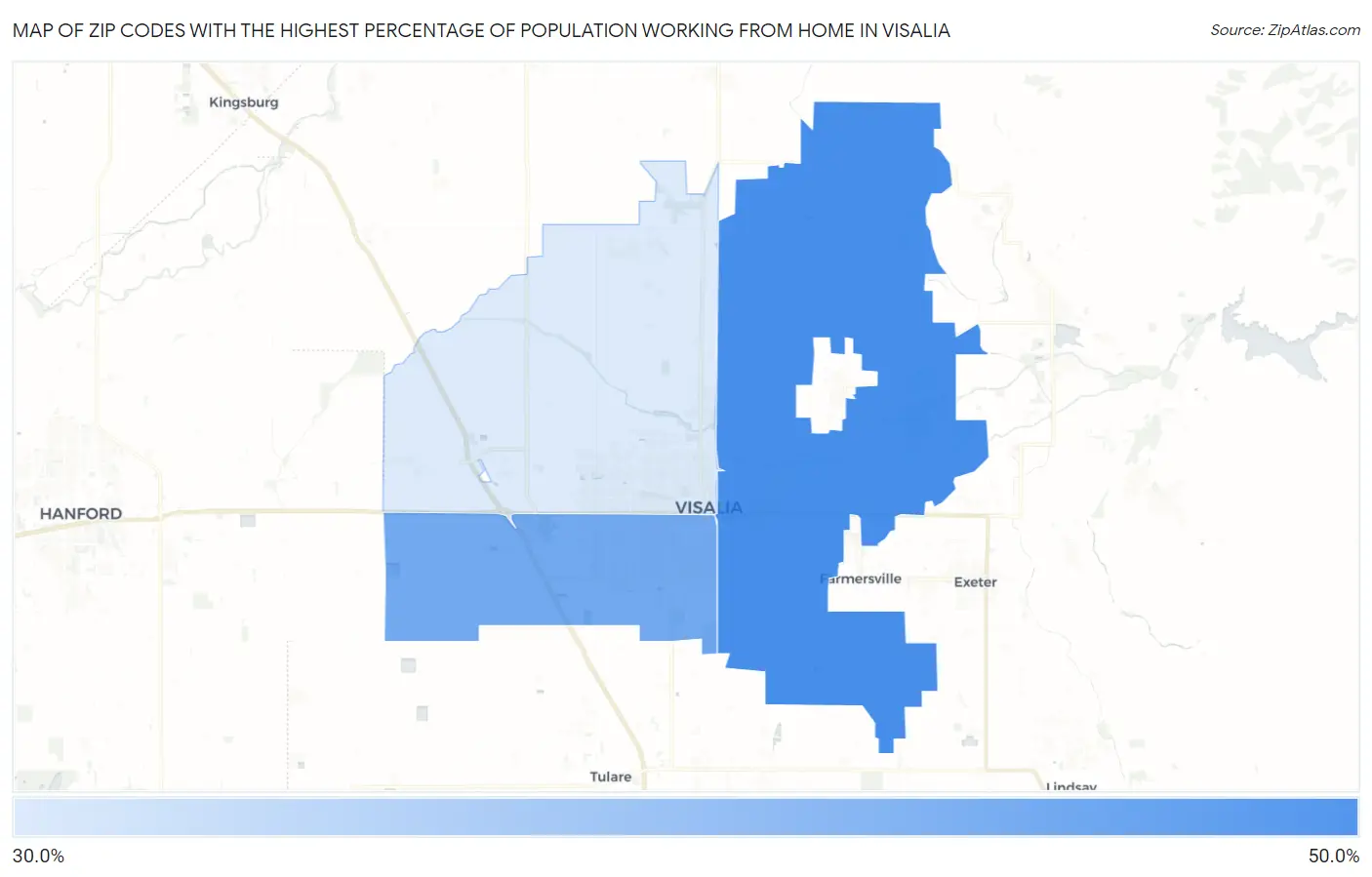 Zip Codes with the Highest Percentage of Population Working from Home in Visalia Map
