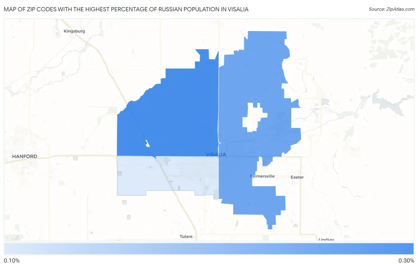 Zip Codes with the Highest Percentage of Russian Population in Visalia Map