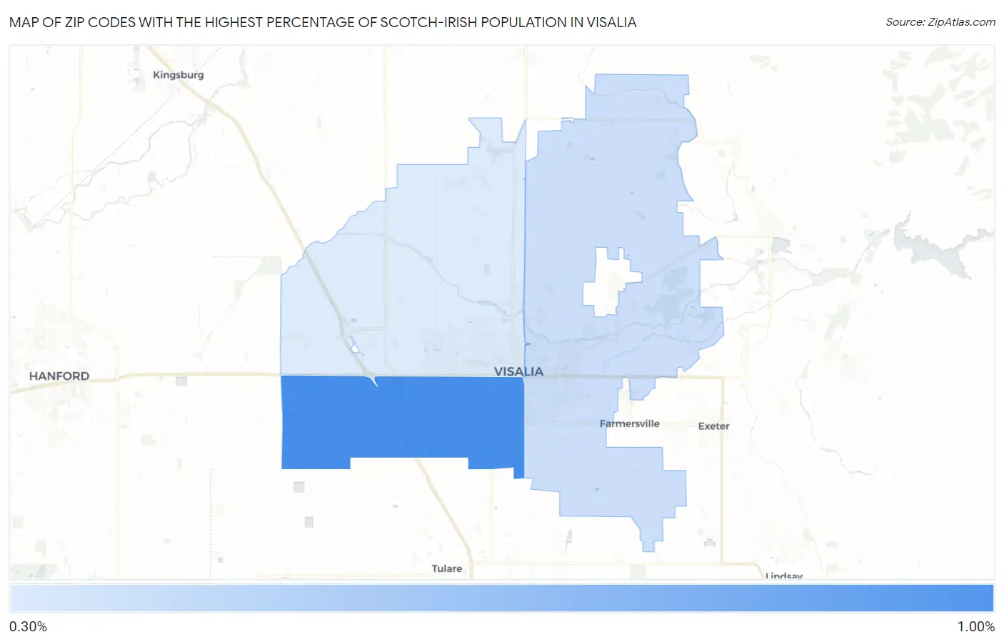 Zip Codes with the Highest Percentage of Scotch-Irish Population in Visalia Map