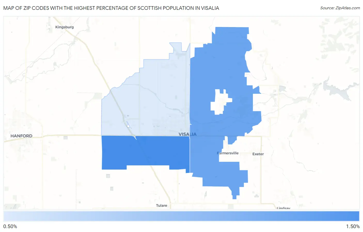 Zip Codes with the Highest Percentage of Scottish Population in Visalia Map