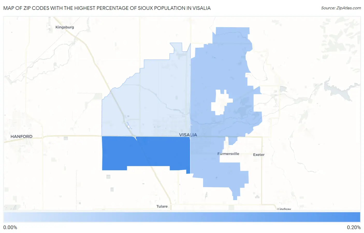 Zip Codes with the Highest Percentage of Sioux Population in Visalia Map