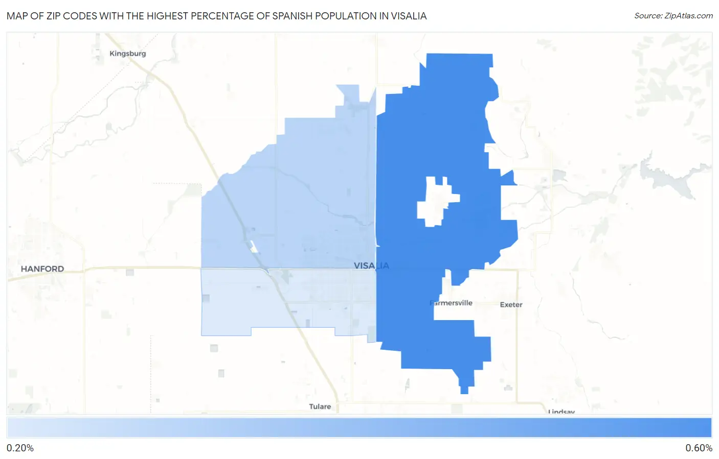 Zip Codes with the Highest Percentage of Spanish Population in Visalia Map