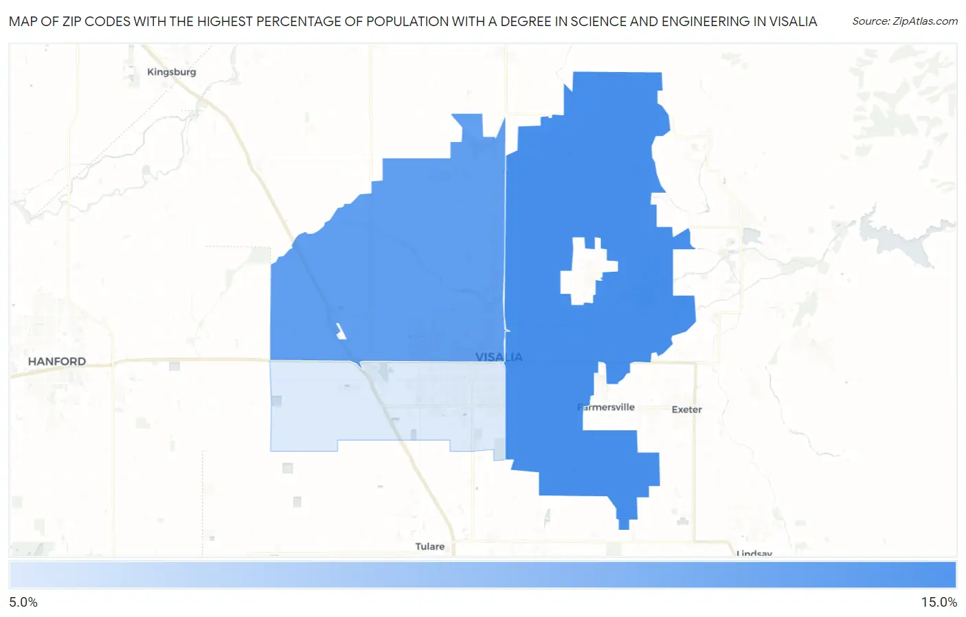 Zip Codes with the Highest Percentage of Population with a Degree in Science and Engineering in Visalia Map