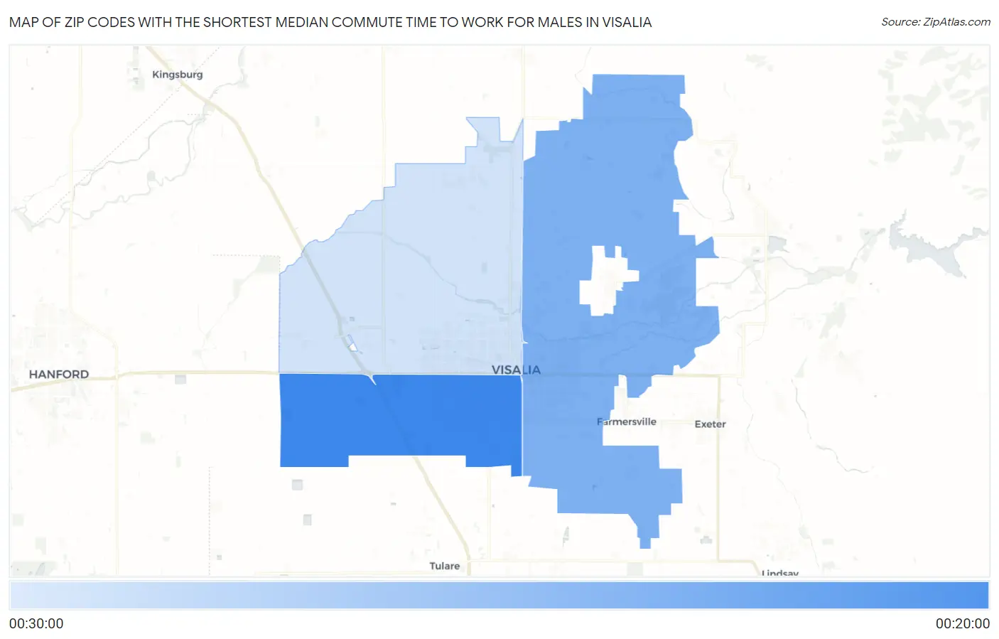 Zip Codes with the Shortest Median Commute Time to Work for Males in Visalia Map