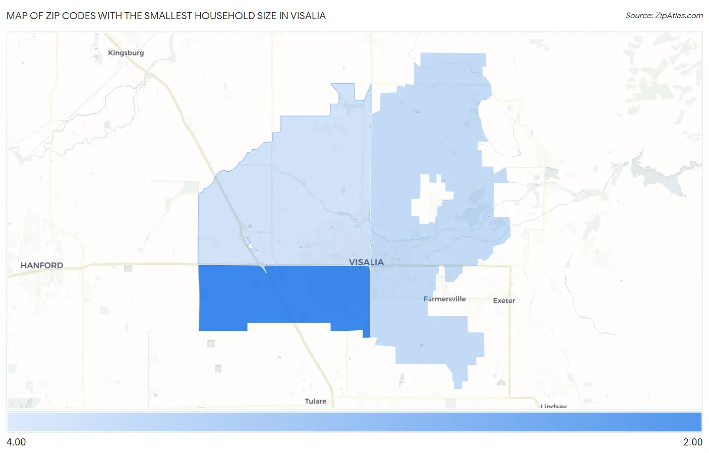 Zip Codes with the Smallest Household Size in Visalia Map