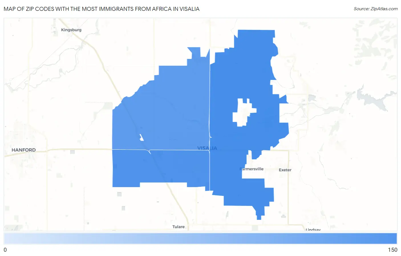 Zip Codes with the Most Immigrants from Africa in Visalia Map