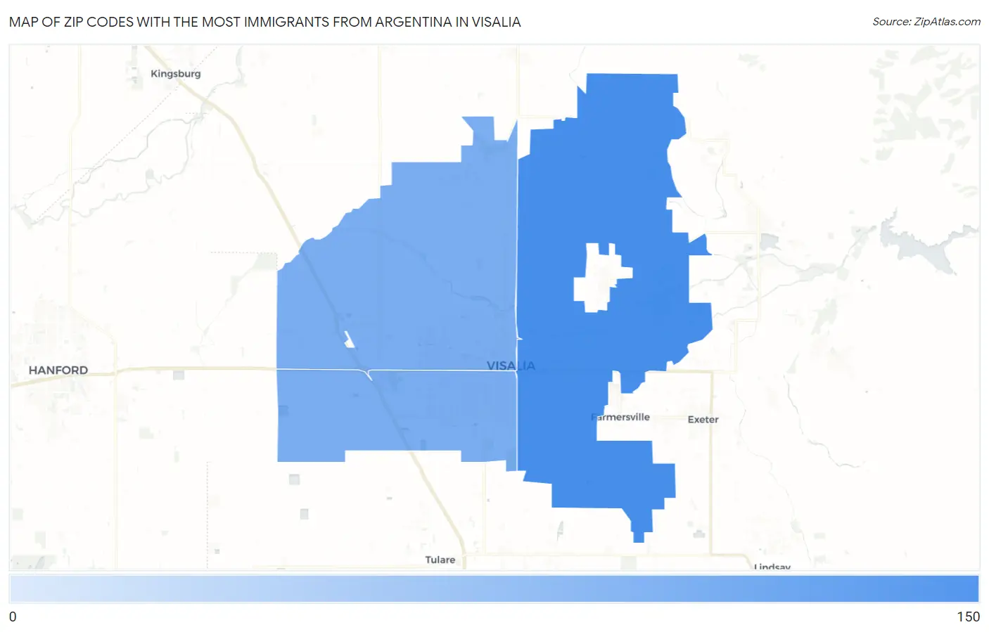 Zip Codes with the Most Immigrants from Argentina in Visalia Map