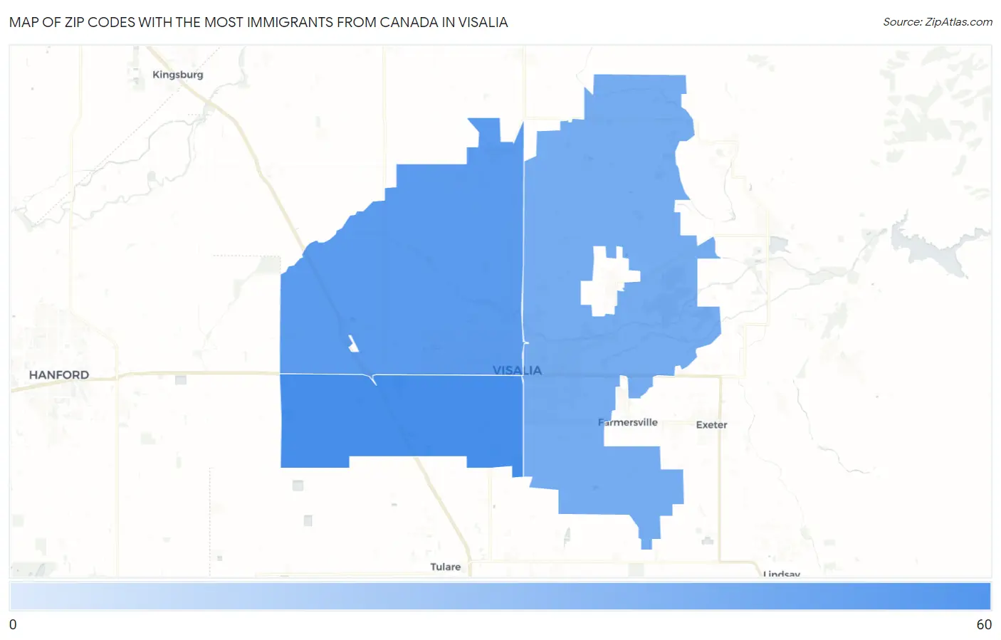 Zip Codes with the Most Immigrants from Canada in Visalia Map