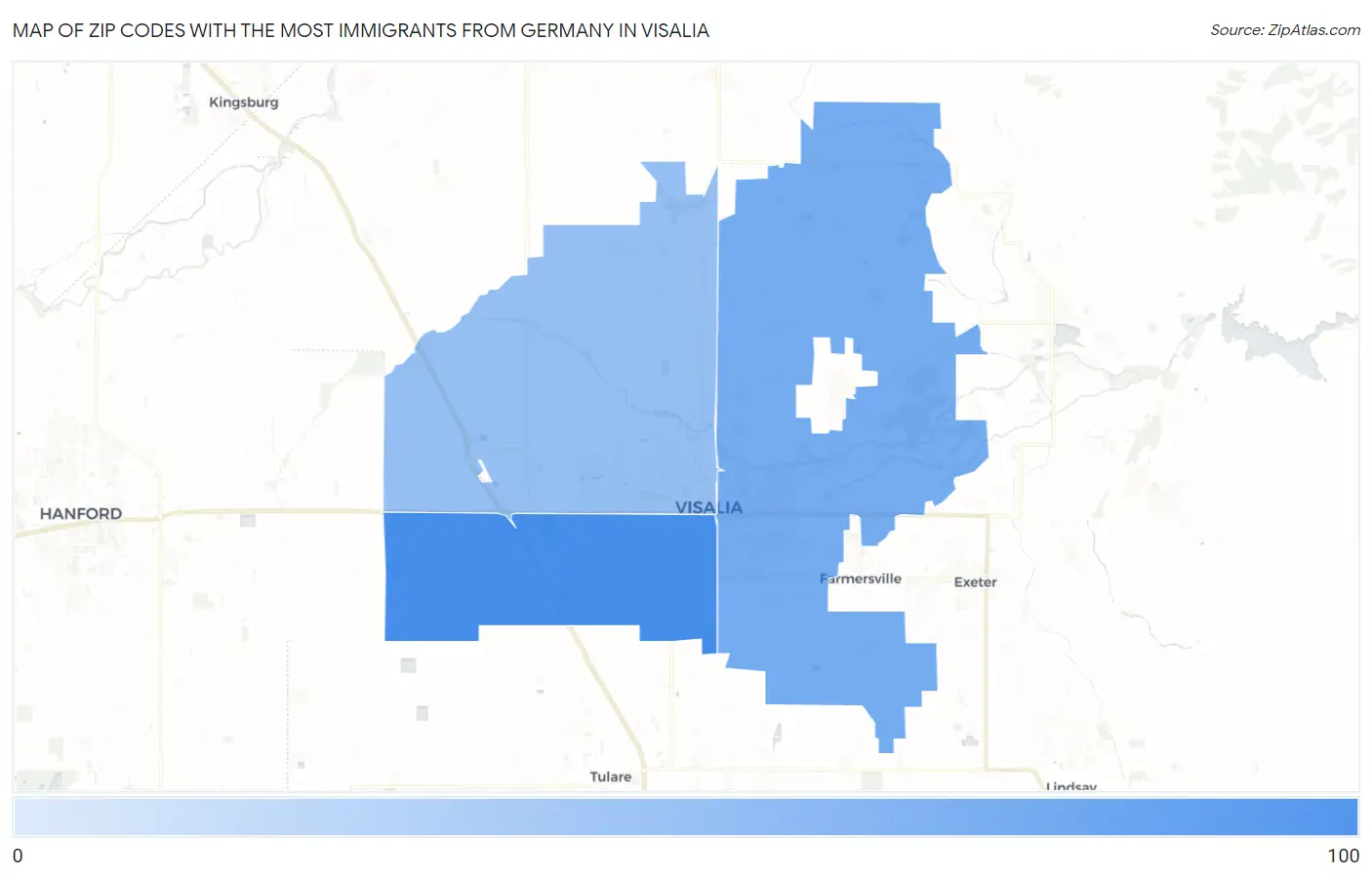 Zip Codes with the Most Immigrants from Germany in Visalia Map