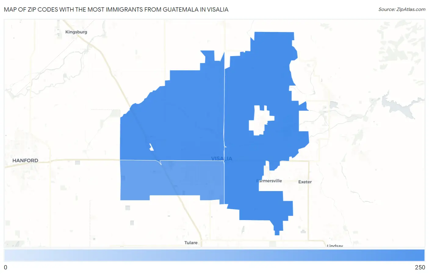 Zip Codes with the Most Immigrants from Guatemala in Visalia Map