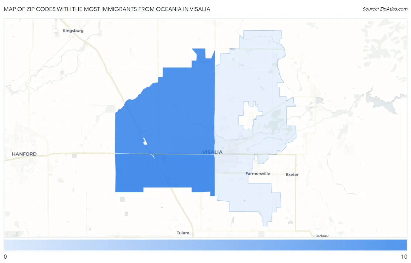 Zip Codes with the Most Immigrants from Oceania in Visalia Map