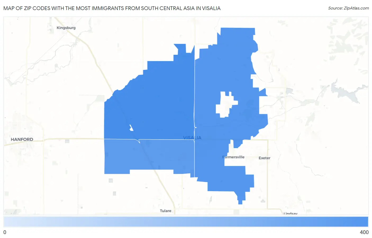 Zip Codes with the Most Immigrants from South Central Asia in Visalia Map