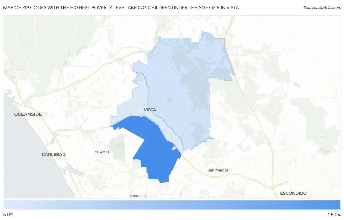 Zip Codes with the Highest Poverty Level Among Children Under the Age of 5 in Vista Map