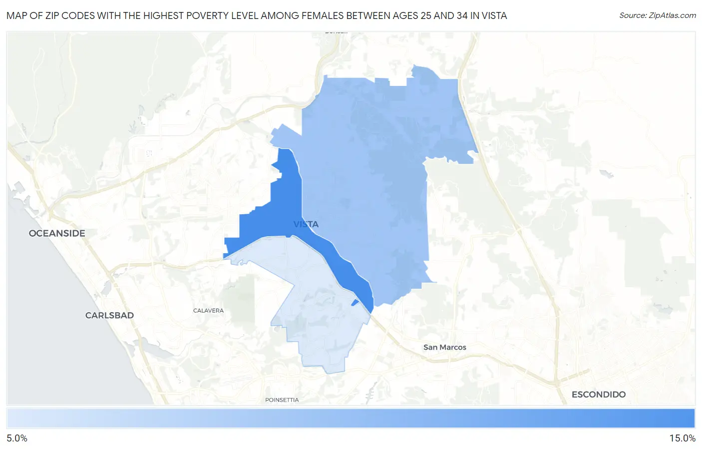 Zip Codes with the Highest Poverty Level Among Females Between Ages 25 and 34 in Vista Map