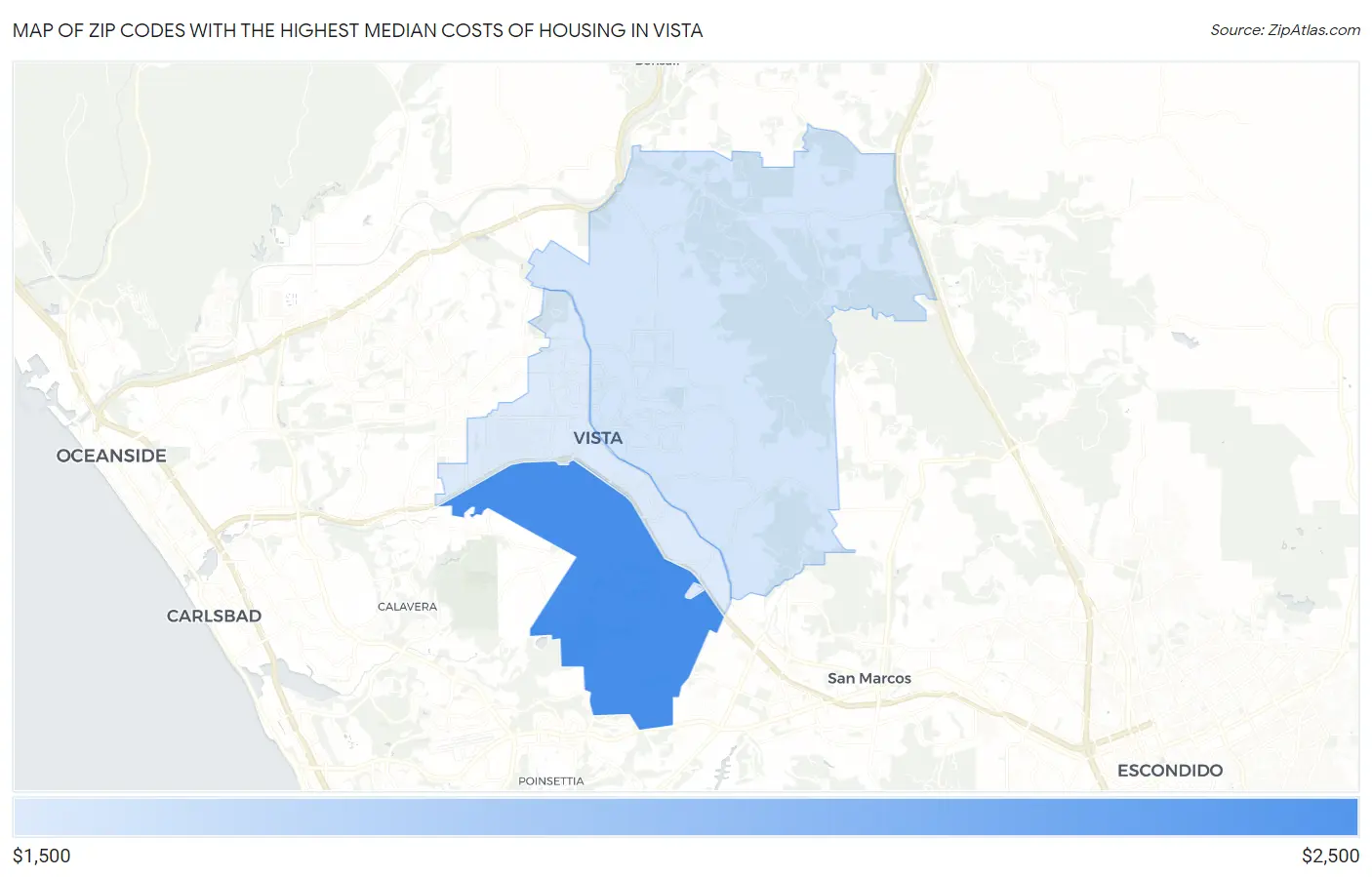 Zip Codes with the Highest Median Costs of Housing in Vista Map