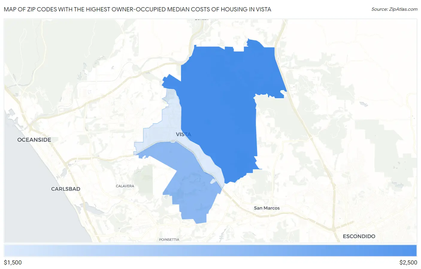 Zip Codes with the Highest Owner-Occupied Median Costs of Housing in Vista Map