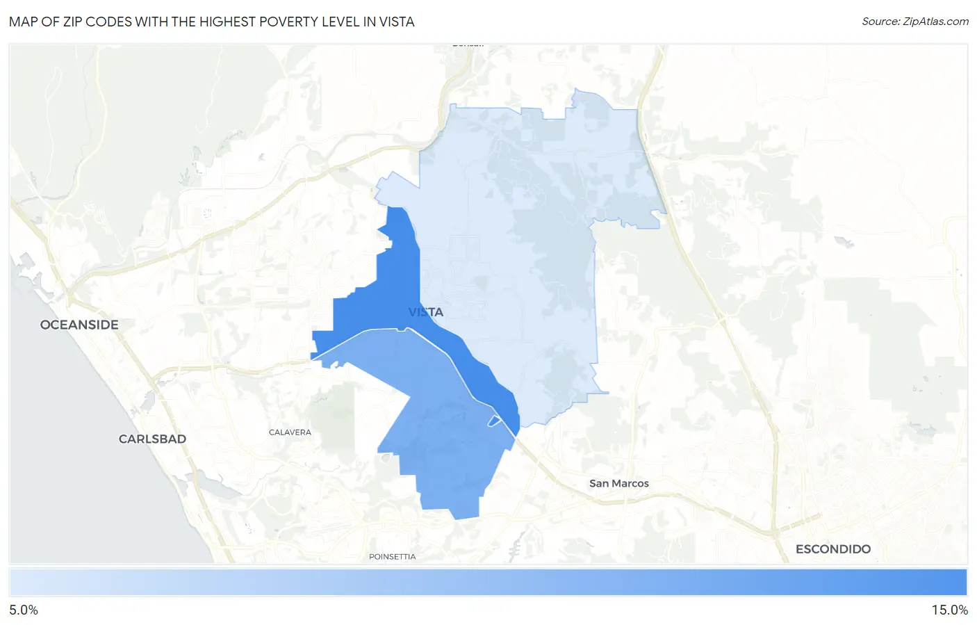 Zip Codes with the Highest Poverty Level in Vista Map