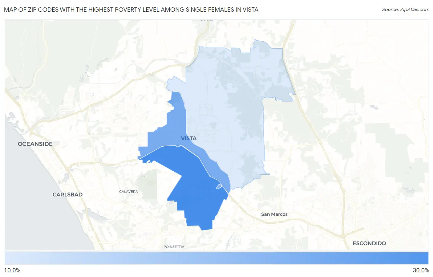 Zip Codes with the Highest Poverty Level Among Single Females in Vista Map
