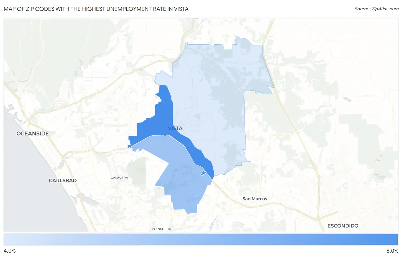 Zip Codes with the Highest Unemployment Rate in Vista Map