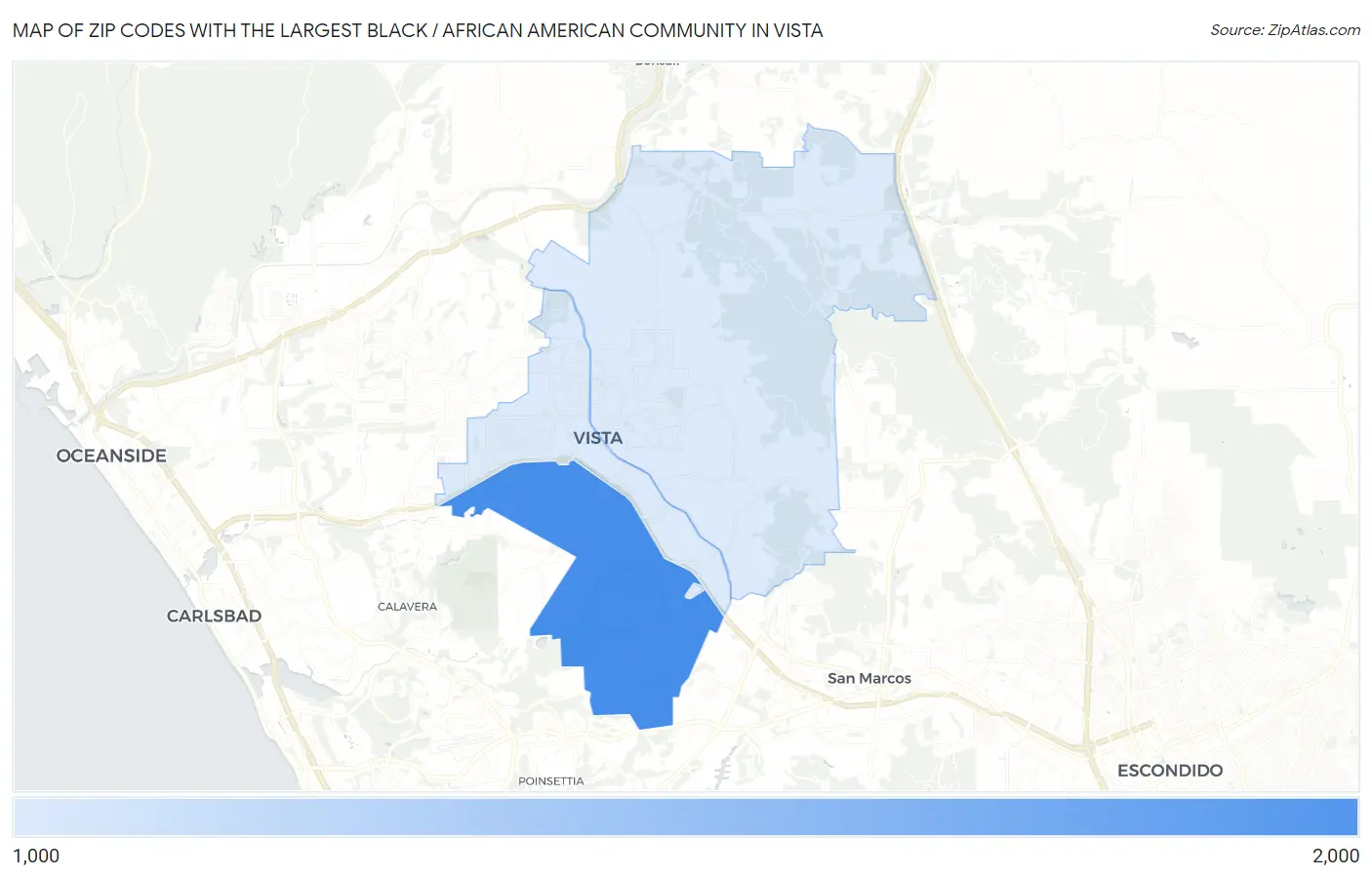 Zip Codes with the Largest Black / African American Community in Vista Map