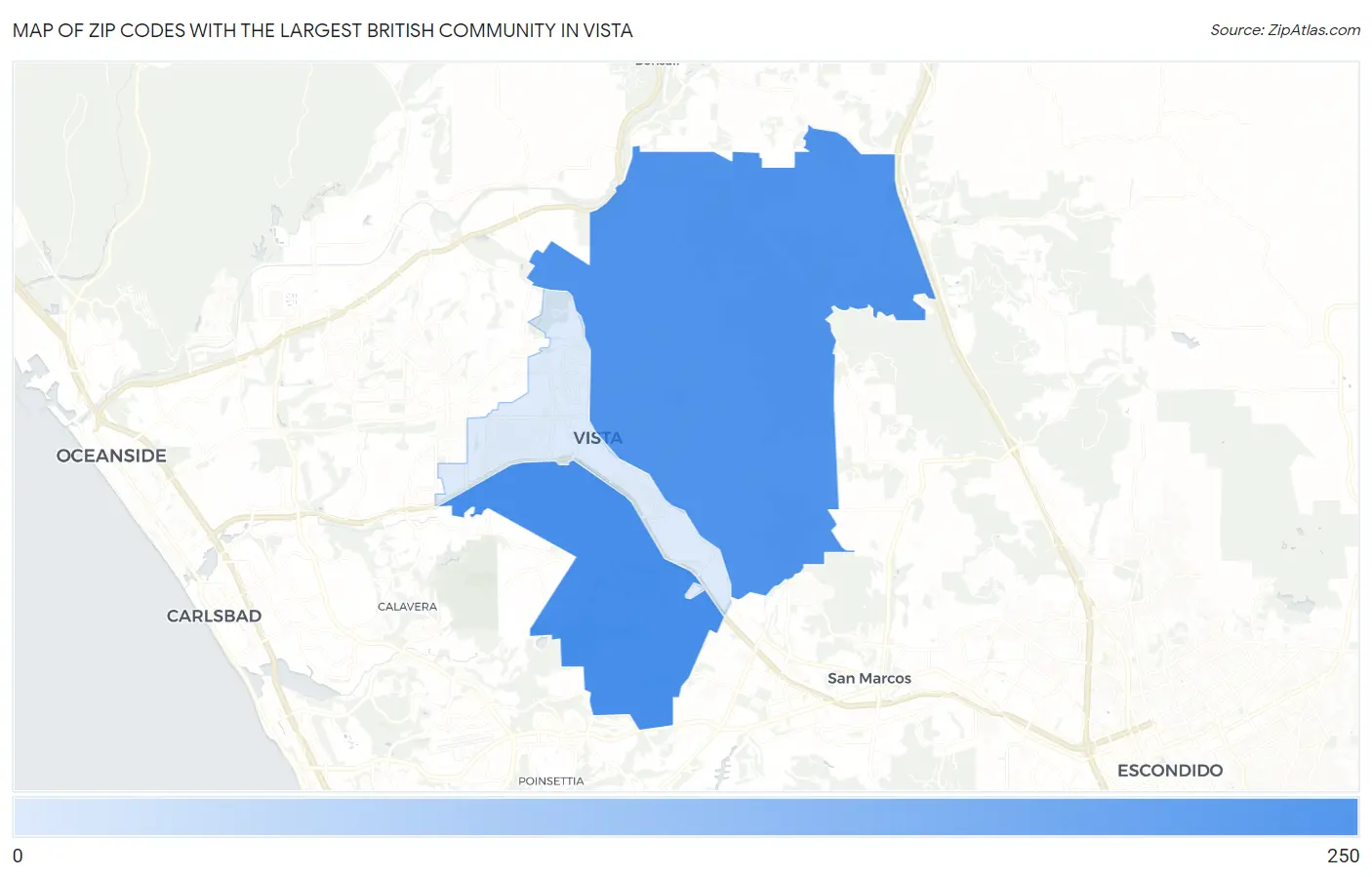 Zip Codes with the Largest British Community in Vista Map