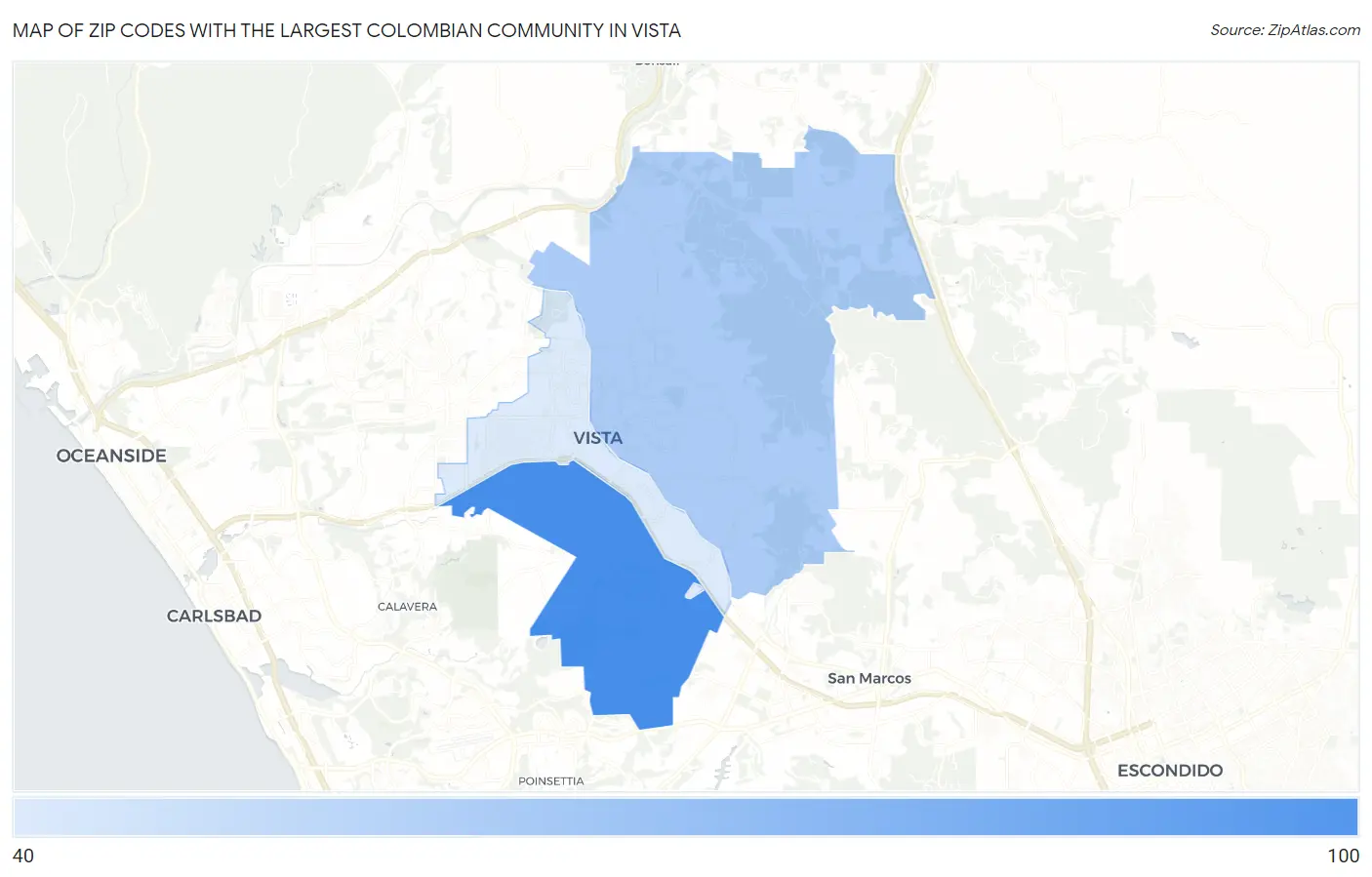 Zip Codes with the Largest Colombian Community in Vista Map