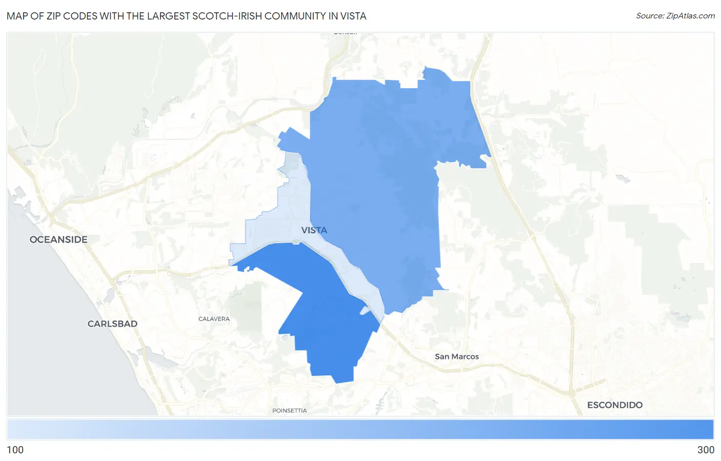 Zip Codes with the Largest Scotch-Irish Community in Vista Map