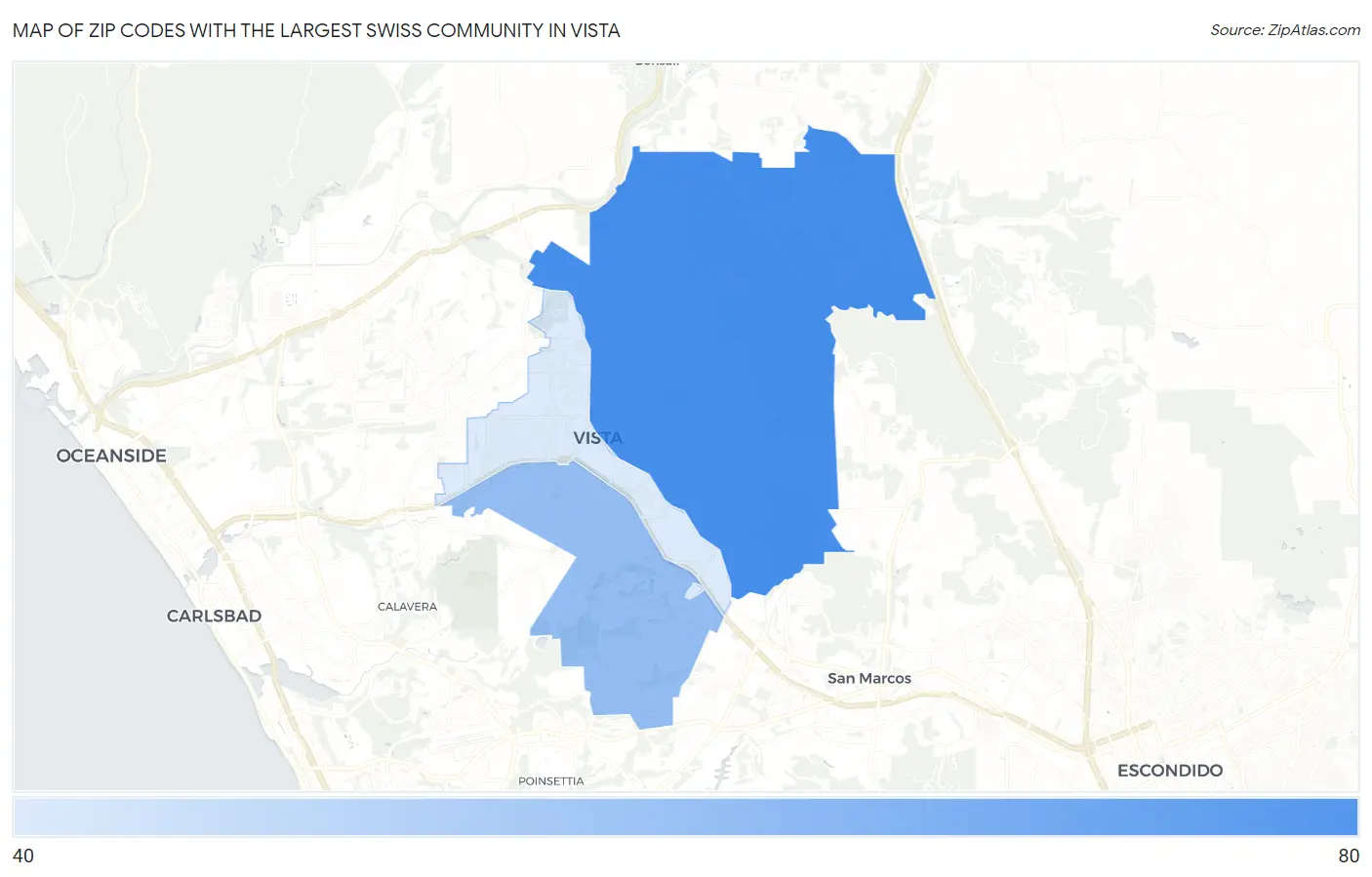 Zip Codes with the Largest Swiss Community in Vista Map