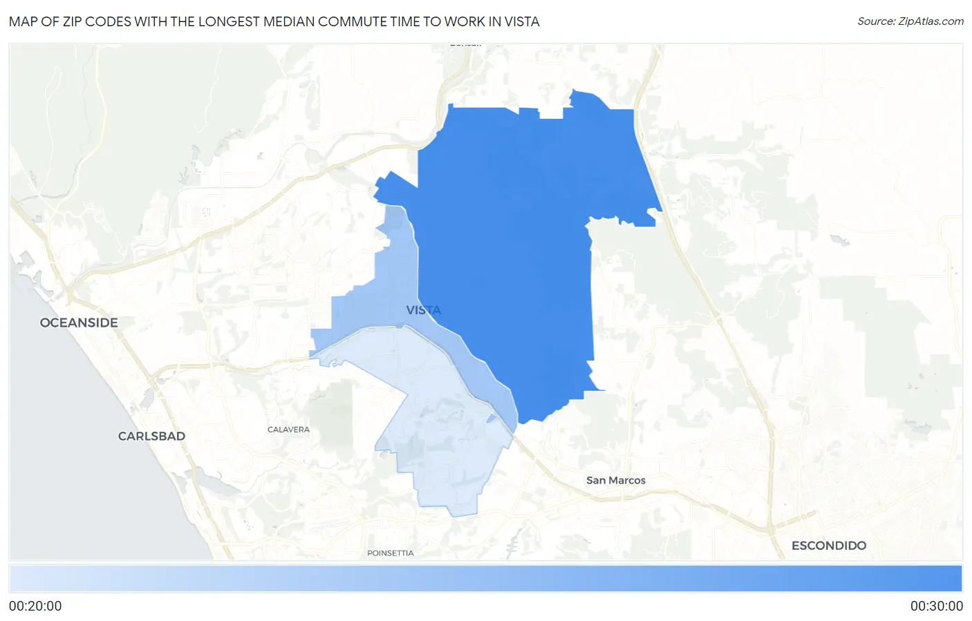 Zip Codes with the Longest Median Commute Time to Work in Vista Map