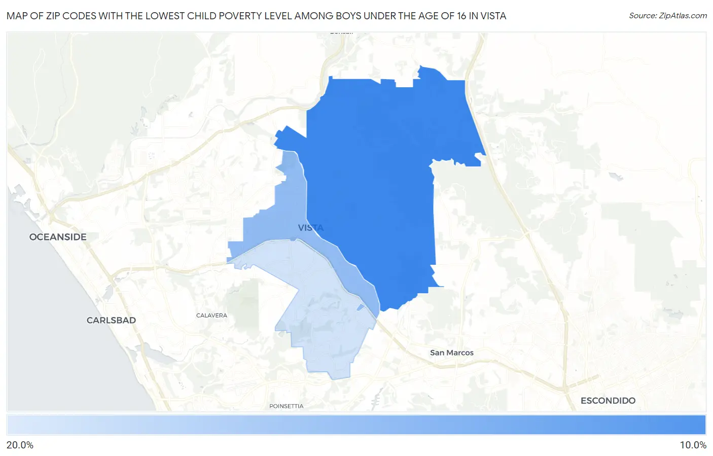 Zip Codes with the Lowest Child Poverty Level Among Boys Under the Age of 16 in Vista Map
